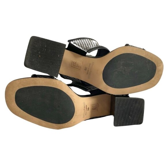 CAPELLI ROSSI BLACK WHITE INDI-90 STRAPPY SLIP ON GLOSSY BLOCK HEEL SANDALS - 9 - Picture 6 of 9